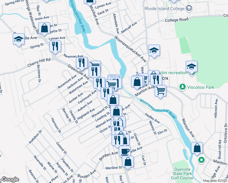 map of restaurants, bars, coffee shops, grocery stores, and more near 39A Greenville Avenue in Johnston
