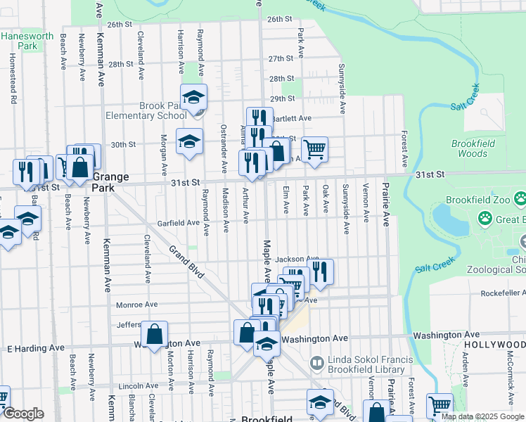 map of restaurants, bars, coffee shops, grocery stores, and more near 3136 Maple Avenue in Brookfield