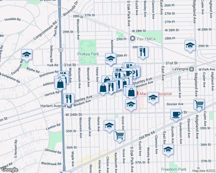 map of restaurants, bars, coffee shops, grocery stores, and more near 3217 Clinton Avenue in Berwyn