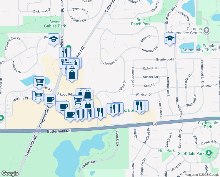 map of restaurants, bars, coffee shops, grocery stores, and more near 55 Kensington Cir in Wheaton