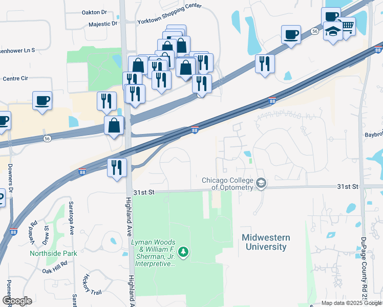map of restaurants, bars, coffee shops, grocery stores, and more near 3025 Highland Parkway in Downers Grove