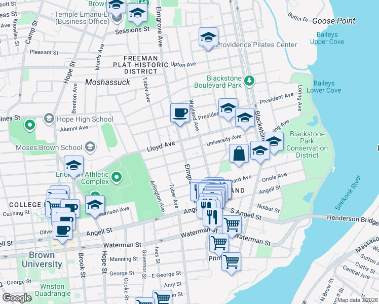 map of restaurants, bars, coffee shops, grocery stores, and more near 83 University Avenue in Providence