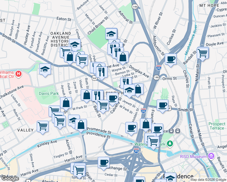 map of restaurants, bars, coffee shops, grocery stores, and more near 310 Orms Street in Providence