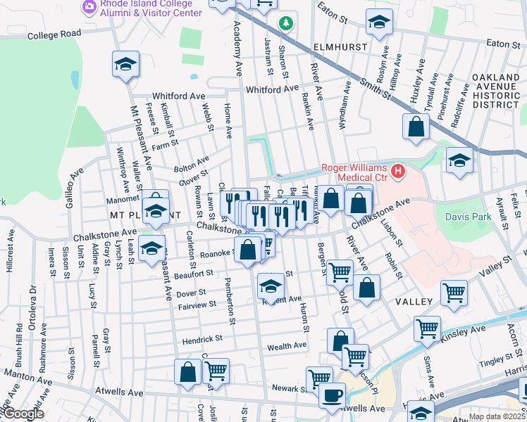 map of restaurants, bars, coffee shops, grocery stores, and more near 36A Fallon Avenue in Providence