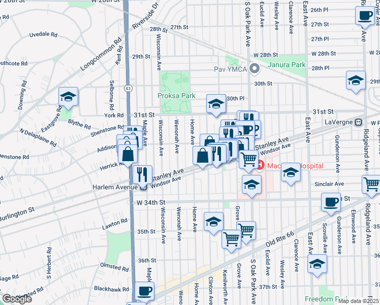 map of restaurants, bars, coffee shops, grocery stores, and more near 3214 Home Avenue in Berwyn