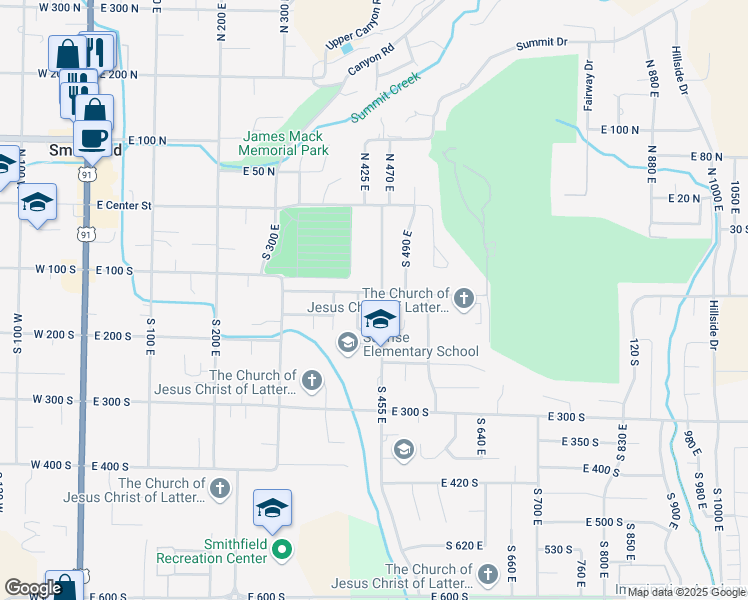 map of restaurants, bars, coffee shops, grocery stores, and more near 444 East 120 South in Smithfield