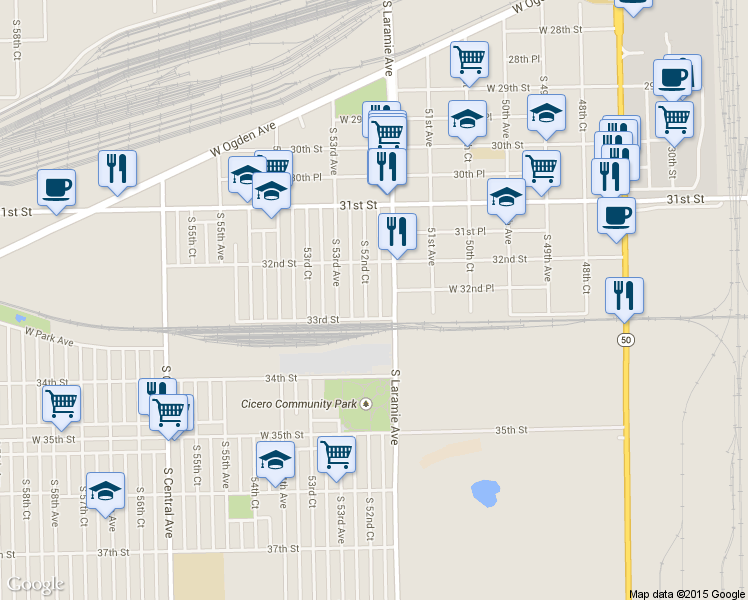 map of restaurants, bars, coffee shops, grocery stores, and more near 3233 South 52nd Court in Cicero