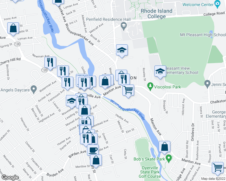 map of restaurants, bars, coffee shops, grocery stores, and more near 964 Manton Ave in Providence