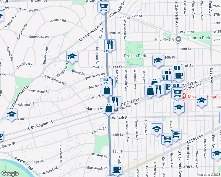 map of restaurants, bars, coffee shops, grocery stores, and more near 3211 South Harlem Avenue in Berwyn