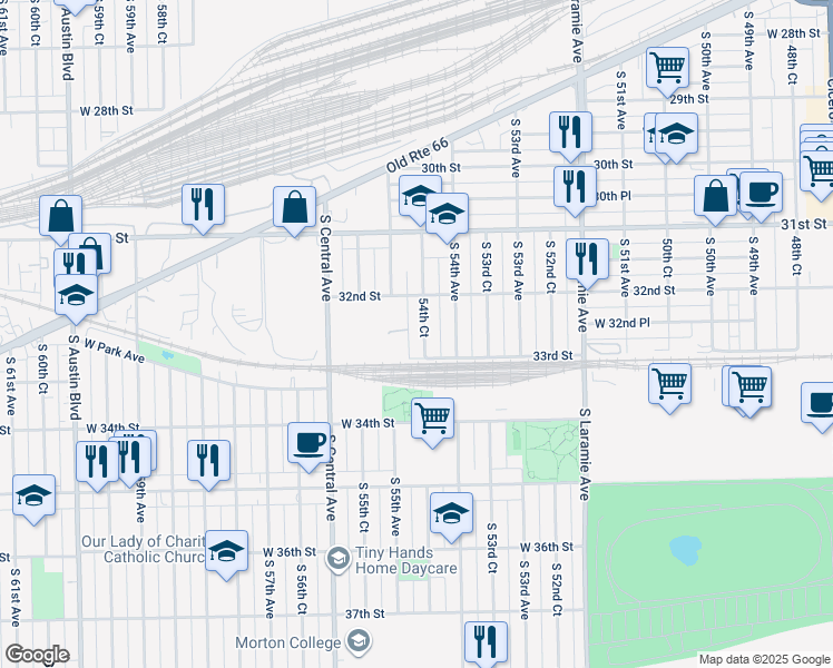 map of restaurants, bars, coffee shops, grocery stores, and more near 3224 54th Court in Cicero