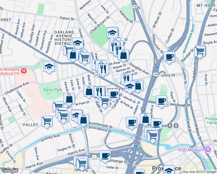 map of restaurants, bars, coffee shops, grocery stores, and more near 320 Orms Street in Providence