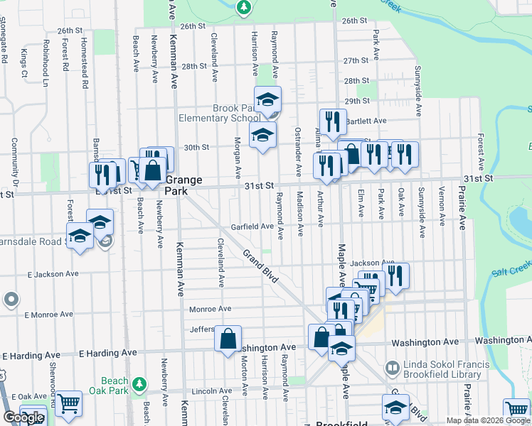map of restaurants, bars, coffee shops, grocery stores, and more near 3135 Harrison Avenue in Brookfield