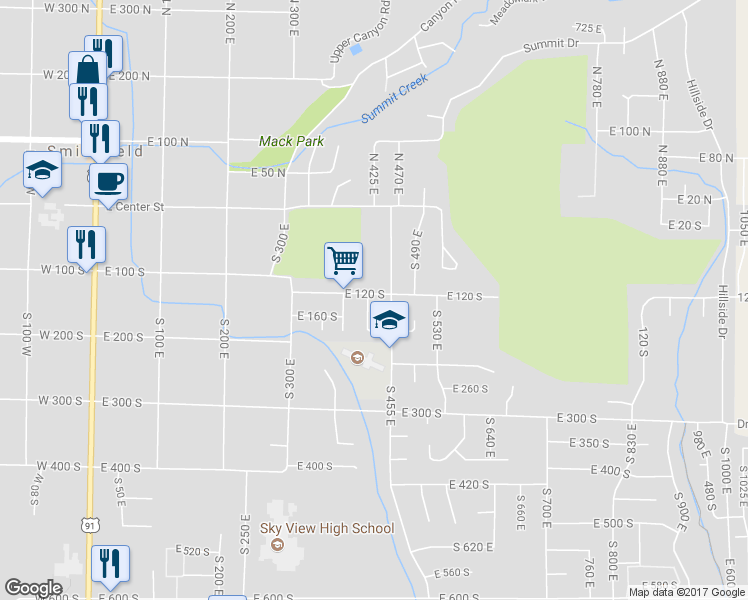 map of restaurants, bars, coffee shops, grocery stores, and more near 444 East 120 South in Smithfield