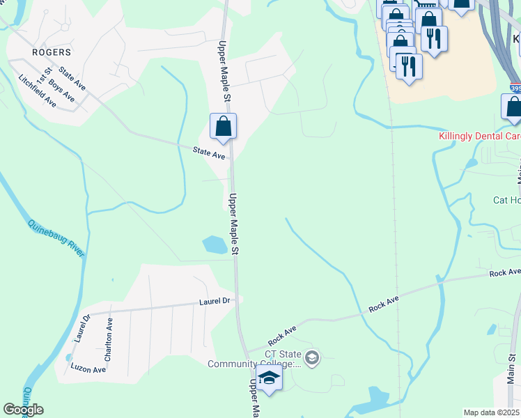 map of restaurants, bars, coffee shops, grocery stores, and more near 880 Upper Maple Street in Killingly