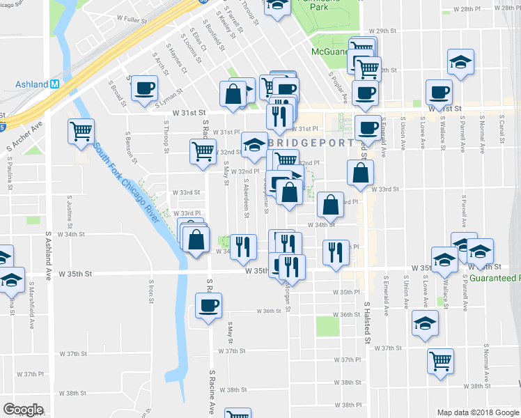 map of restaurants, bars, coffee shops, grocery stores, and more near 3326 South Carpenter Street in Chicago