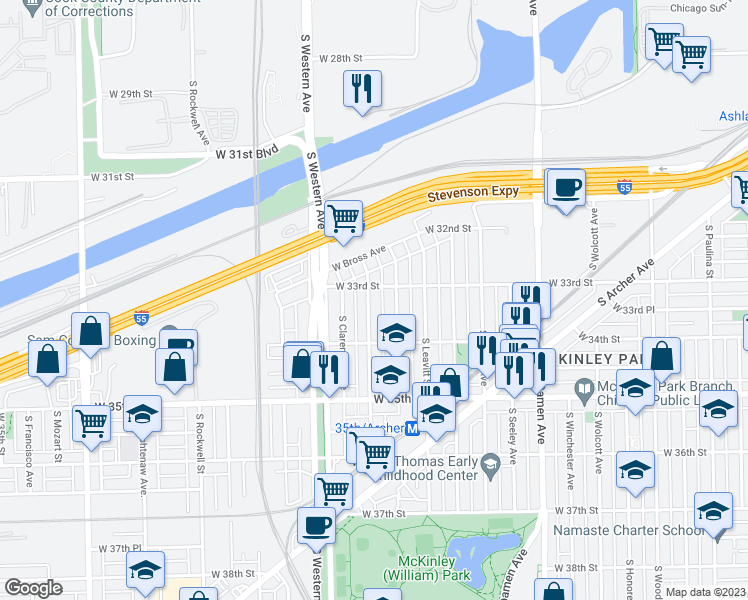 map of restaurants, bars, coffee shops, grocery stores, and more near 3313 South Oakley Avenue in Chicago