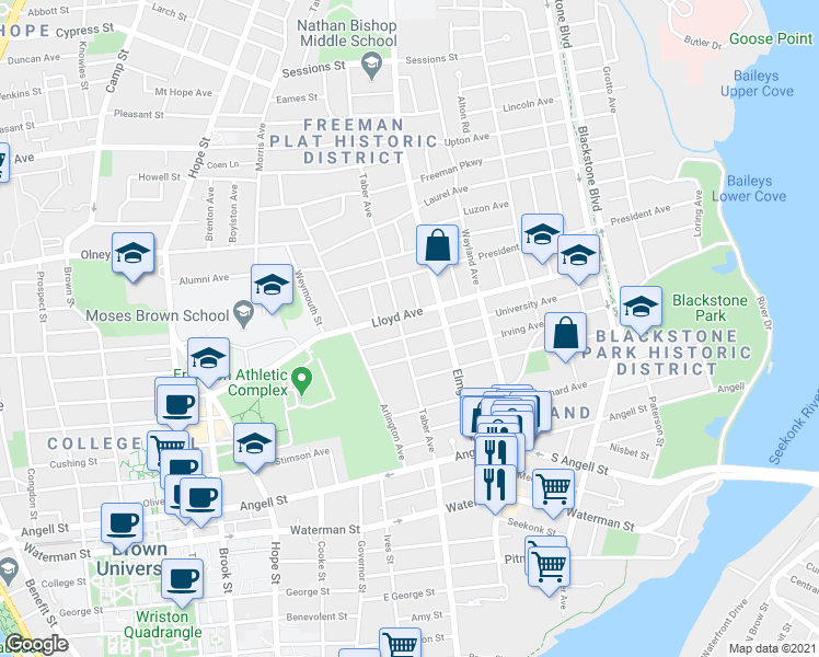 map of restaurants, bars, coffee shops, grocery stores, and more near 126 Taber Avenue in Providence
