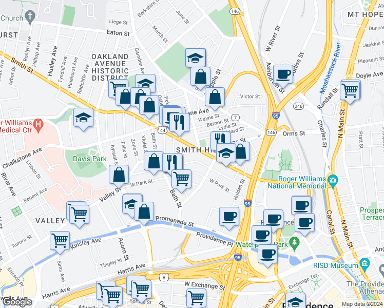 map of restaurants, bars, coffee shops, grocery stores, and more near 310 Orms Street in Providence