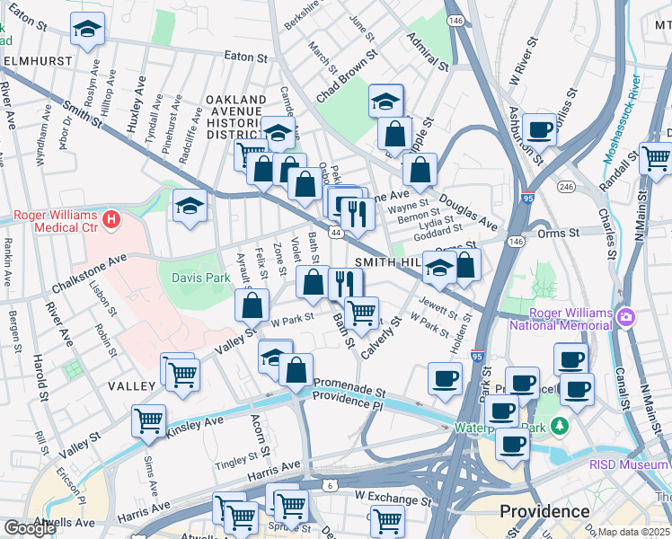 map of restaurants, bars, coffee shops, grocery stores, and more near 347 Orms Street in Providence
