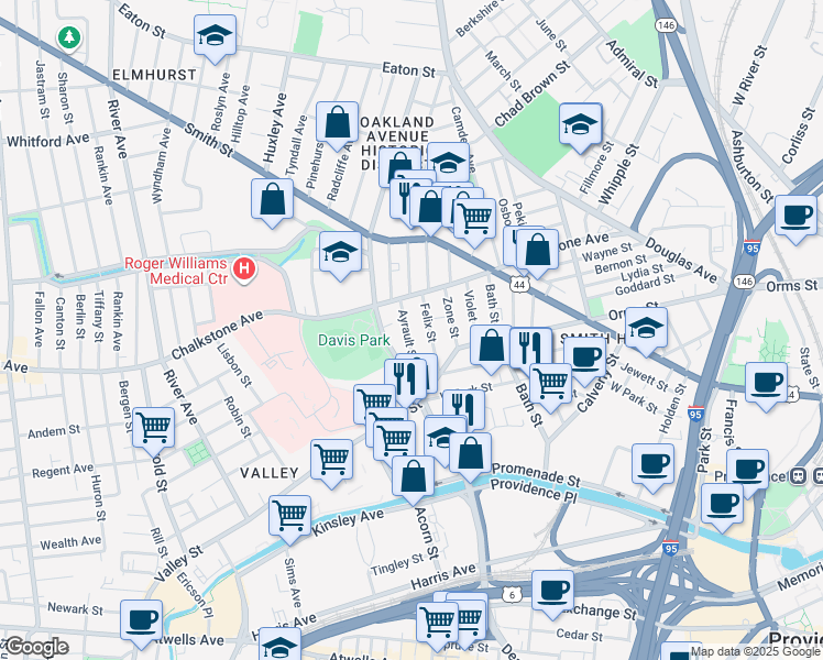 map of restaurants, bars, coffee shops, grocery stores, and more near 52 Felix Street in Providence