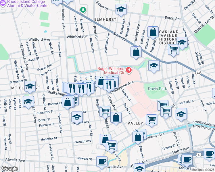 map of restaurants, bars, coffee shops, grocery stores, and more near 208 River Avenue in Providence