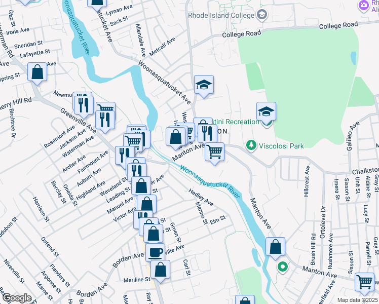 map of restaurants, bars, coffee shops, grocery stores, and more near 964 Manton Avenue in Providence