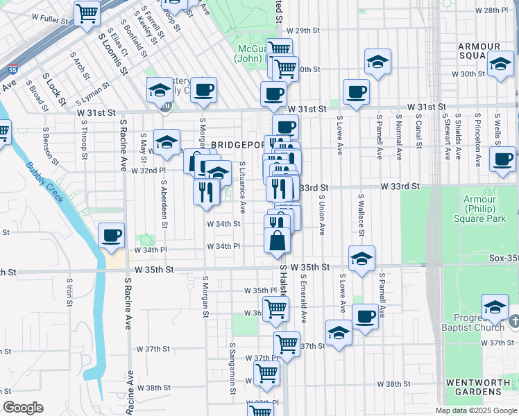 map of restaurants, bars, coffee shops, grocery stores, and more near 843 West 33rd Place in Chicago