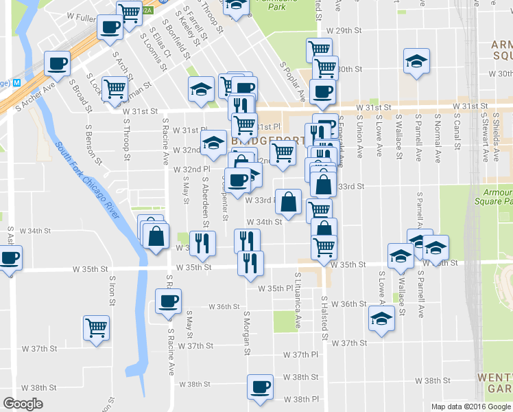 map of restaurants, bars, coffee shops, grocery stores, and more near 3343 South Morgan Street in Chicago