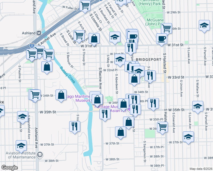 map of restaurants, bars, coffee shops, grocery stores, and more near 3325 South Racine Avenue in Chicago