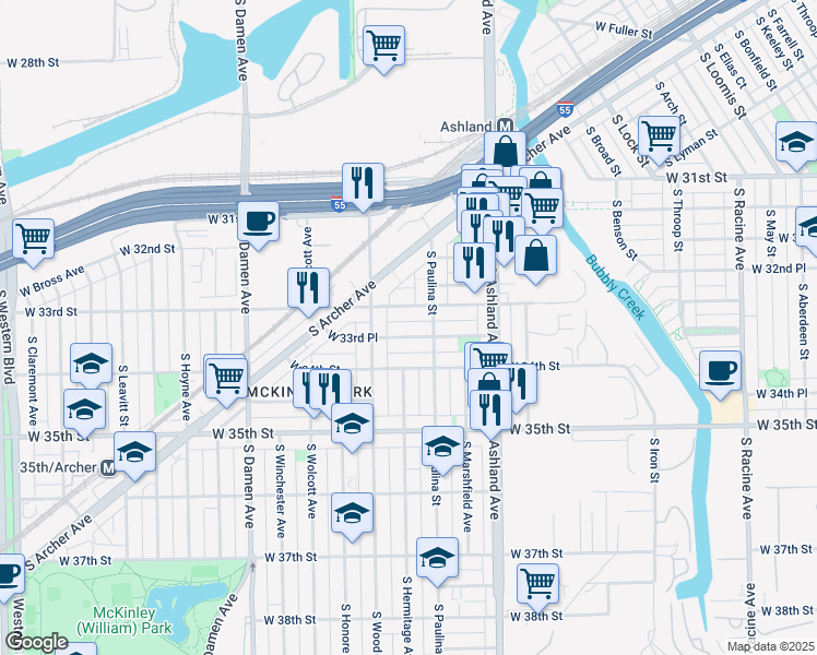map of restaurants, bars, coffee shops, grocery stores, and more near 1724 West 33rd Place in Chicago
