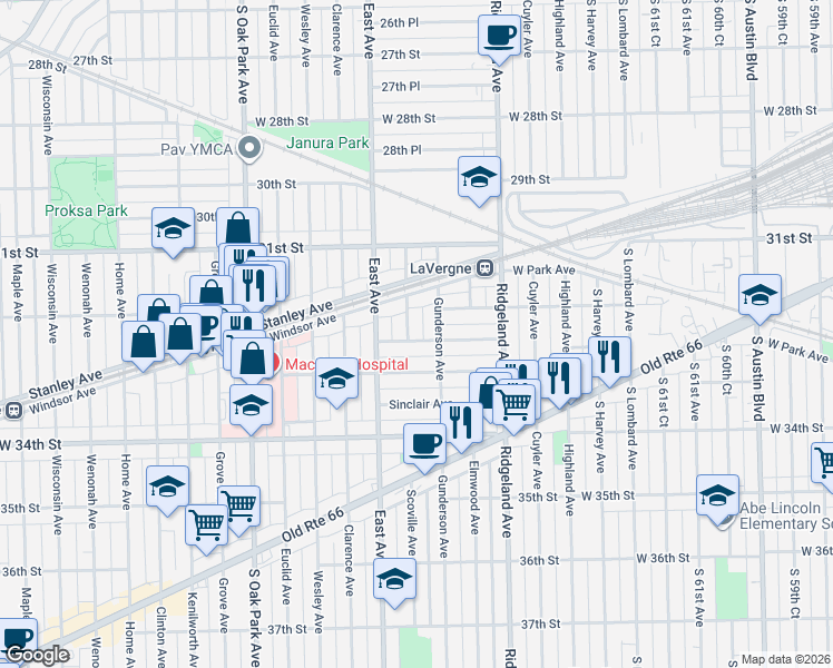 map of restaurants, bars, coffee shops, grocery stores, and more near 3222 Gunderson Avenue in Berwyn