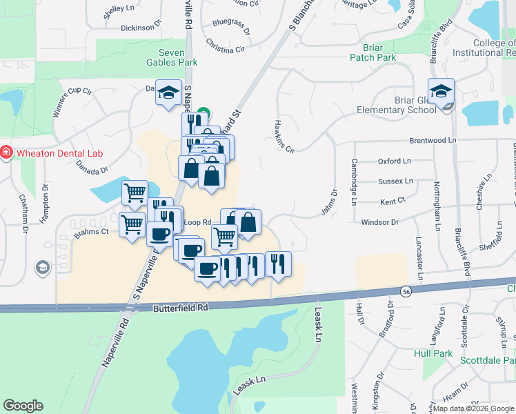 map of restaurants, bars, coffee shops, grocery stores, and more near 12 Sterling Circle in Wheaton