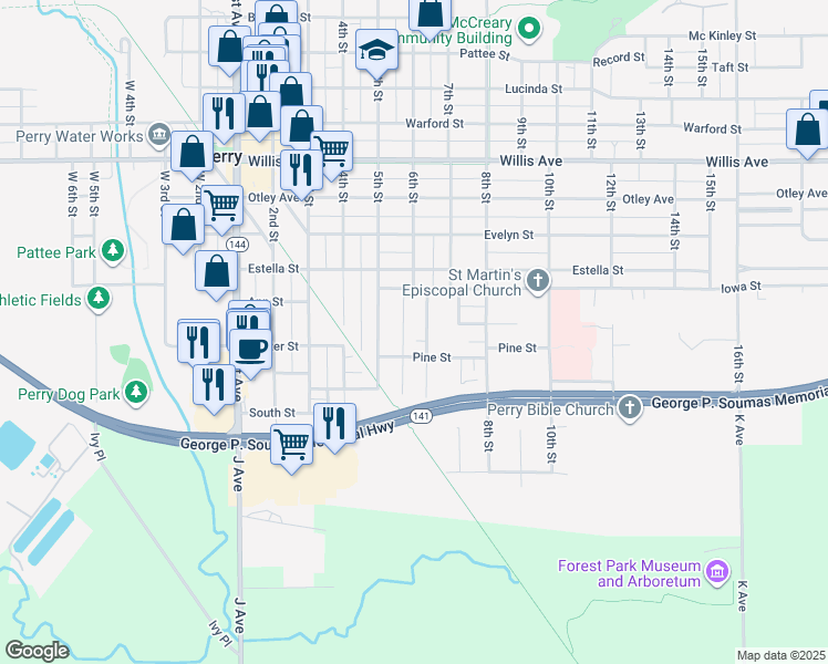 map of restaurants, bars, coffee shops, grocery stores, and more near 623 Grove Street in Perry