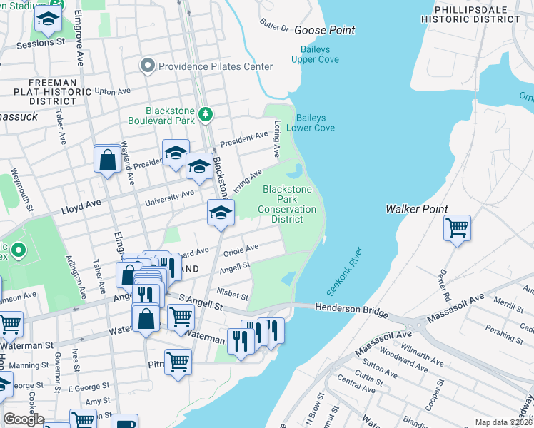 map of restaurants, bars, coffee shops, grocery stores, and more near 58 Parkside Road in Providence