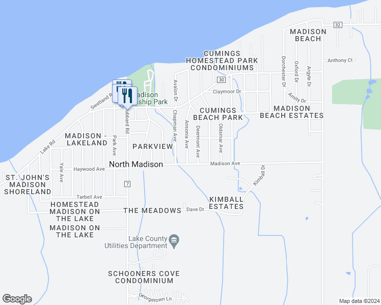 map of restaurants, bars, coffee shops, grocery stores, and more near 1497 Ansonia Avenue in Madison