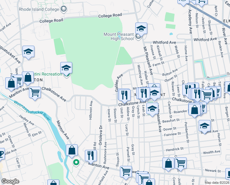 map of restaurants, bars, coffee shops, grocery stores, and more near 44 Galileo Ave in Providence