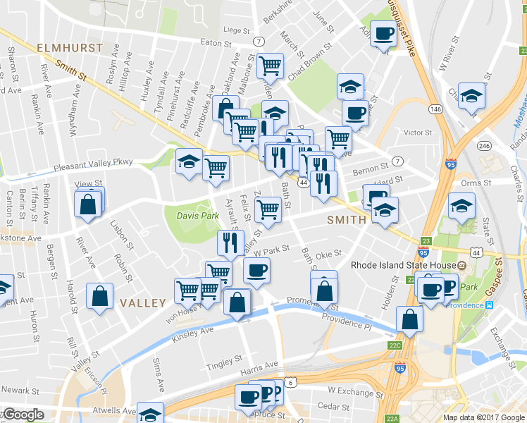 map of restaurants, bars, coffee shops, grocery stores, and more near 17 Zone Street in Providence