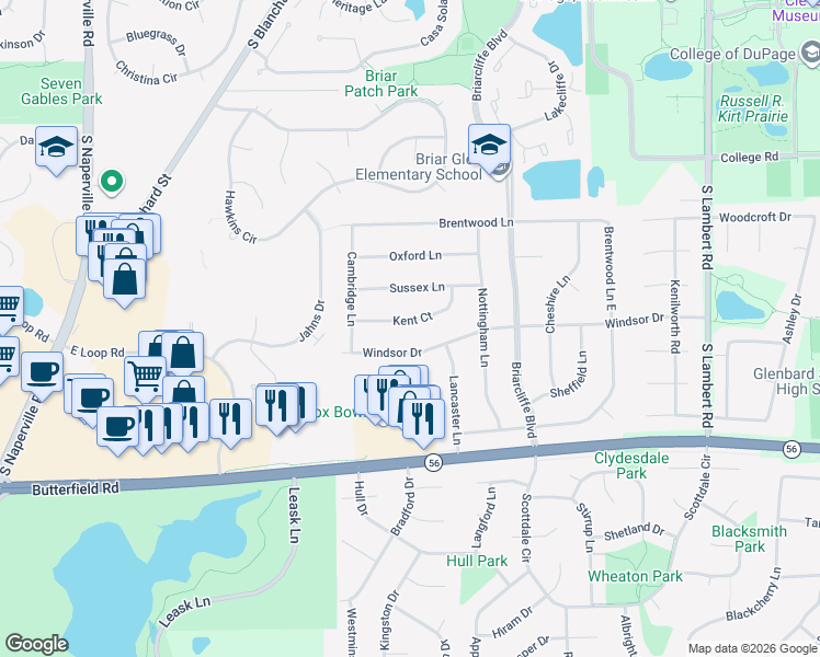 map of restaurants, bars, coffee shops, grocery stores, and more near 1214 Kent Court in Wheaton