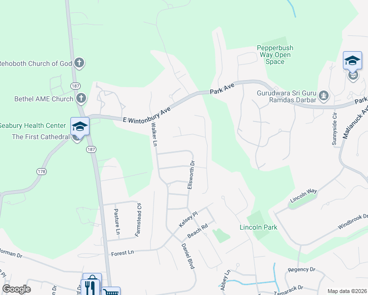 map of restaurants, bars, coffee shops, grocery stores, and more near 107 Ellsworth Drive in Bloomfield