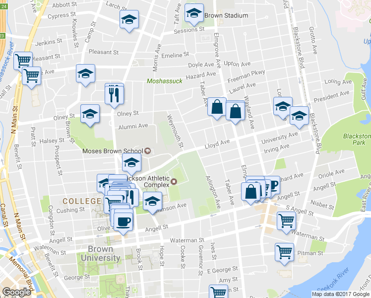 map of restaurants, bars, coffee shops, grocery stores, and more near 1 Weymouth Street in Providence