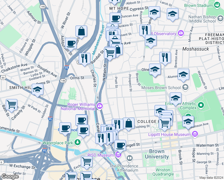 map of restaurants, bars, coffee shops, grocery stores, and more near 17 Halsey Street in Providence