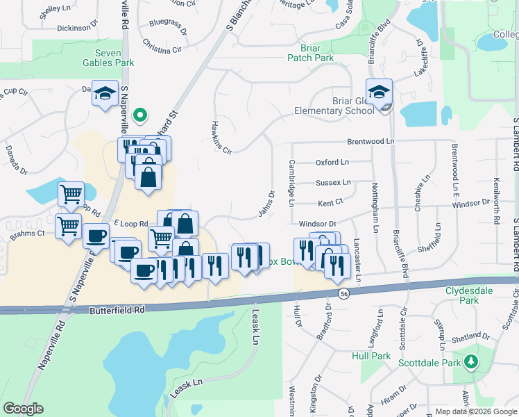 map of restaurants, bars, coffee shops, grocery stores, and more near 1958 Jahns Drive in Wheaton
