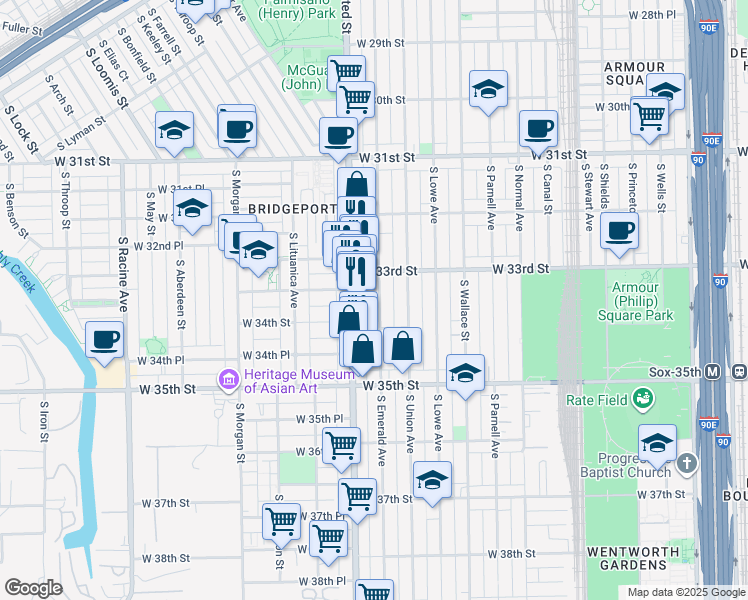 map of restaurants, bars, coffee shops, grocery stores, and more near 3326 South Emerald Avenue in Chicago