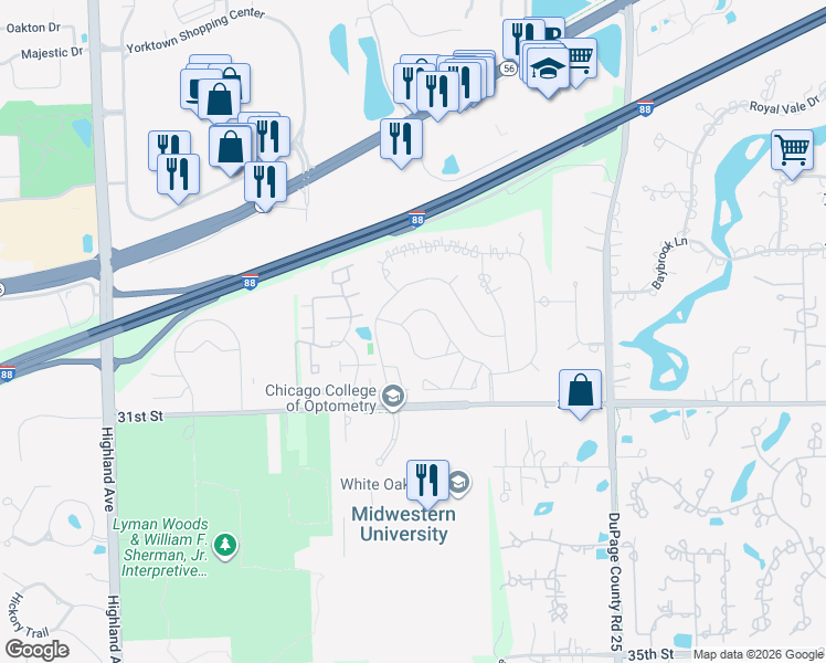 map of restaurants, bars, coffee shops, grocery stores, and more near 2S669 Ave Normandy West in Oak Brook