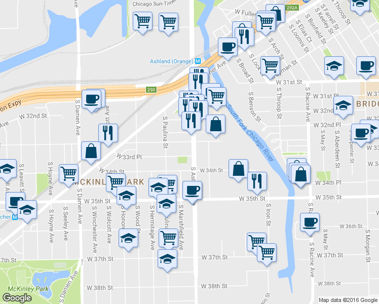 map of restaurants, bars, coffee shops, grocery stores, and more near 3320 South Ashland Avenue in Chicago