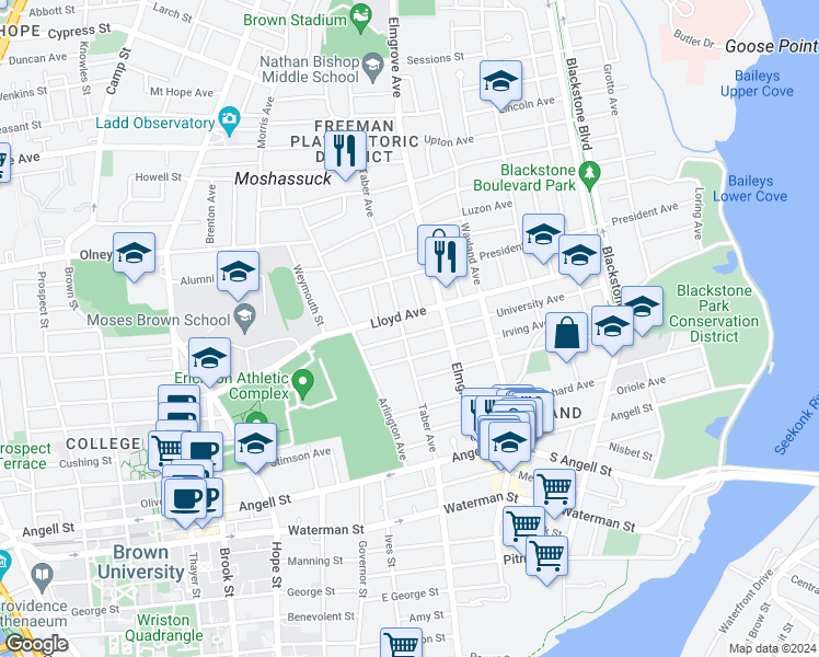map of restaurants, bars, coffee shops, grocery stores, and more near 125 Taber Avenue in Providence