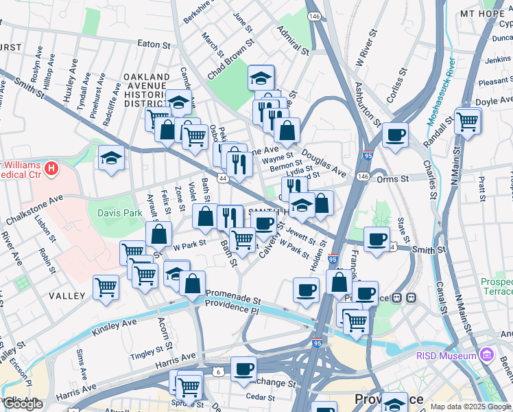 map of restaurants, bars, coffee shops, grocery stores, and more near 310 Orms Street in Providence