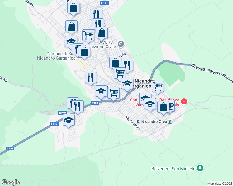 map of restaurants, bars, coffee shops, grocery stores, and more near 3 Via Giuseppe Pescione in San Nicandro Garganico