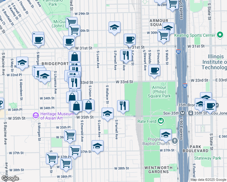 map of restaurants, bars, coffee shops, grocery stores, and more near 3330 South Parnell Avenue in Chicago