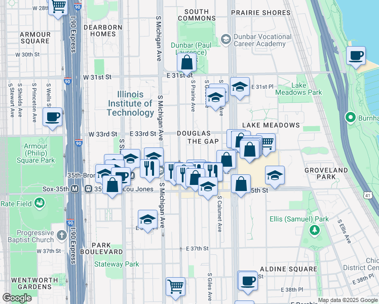 map of restaurants, bars, coffee shops, grocery stores, and more near 3338 South Prairie Avenue in Chicago